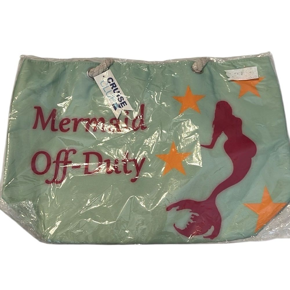 NWOT Cruise Club Mermaid Zippered Tote Bag Beach Bag Green/White Rope Handles …